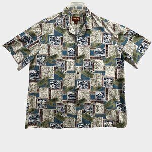 Aloha Mo'i Hawaiian Shirt Mens 2XL Blue Green Sea Turtles Floral Camp Beach USA